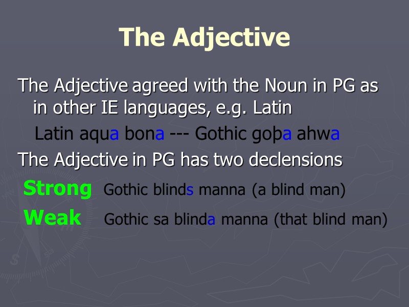 The Adjective The Adjective agreed with the Noun in PG as in other IE
